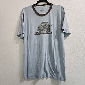 Prana Mens XL Blue Tshirt Mountain Rock Climbing Light Blue Crew Neck Graphic
